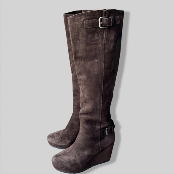 Prada Brown Suede Knee Length Wedge Platform Boots - Picture 1 of 16